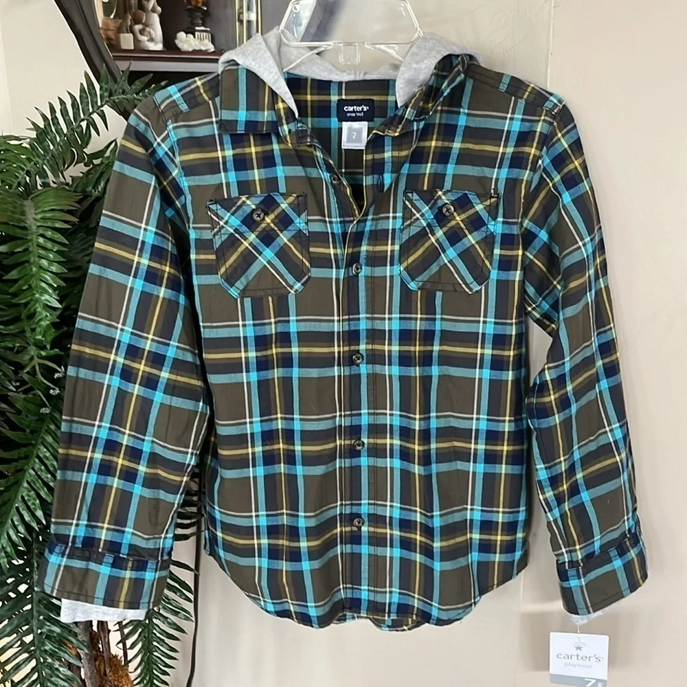 Brand New Carter’s Plaid Button Down Shirt Hooded Casual Cotton